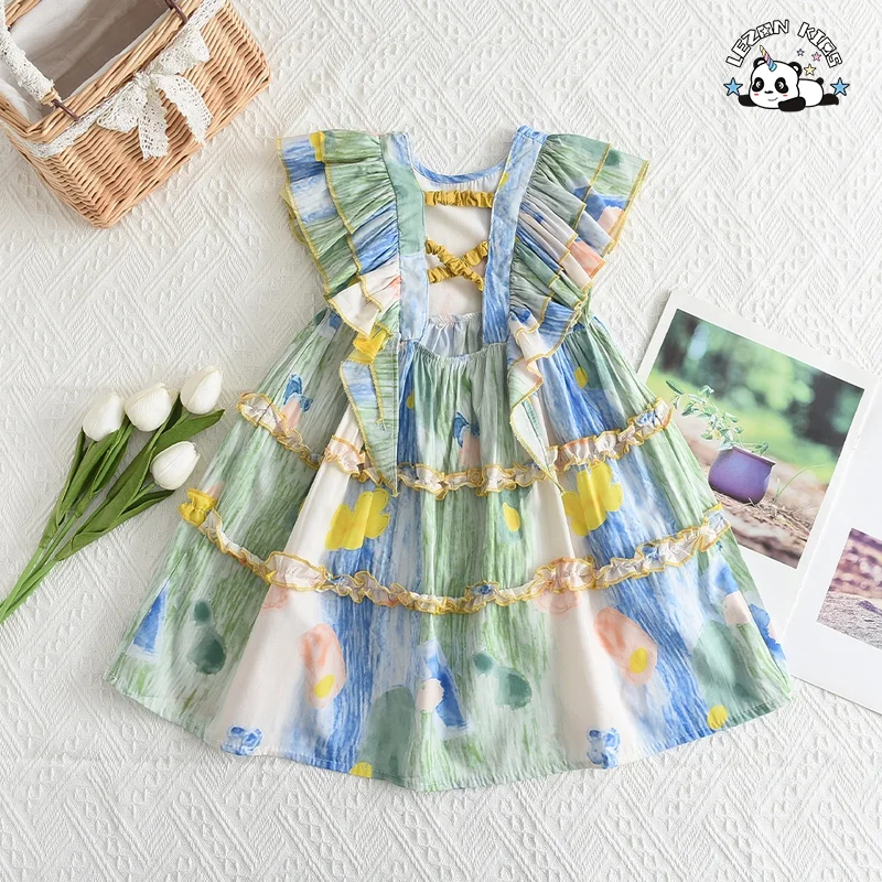 LEZONKIDS - Personalize Manga Bufante de Renda com Impressão de Flores no Verão para Vestido de Menina Bebê